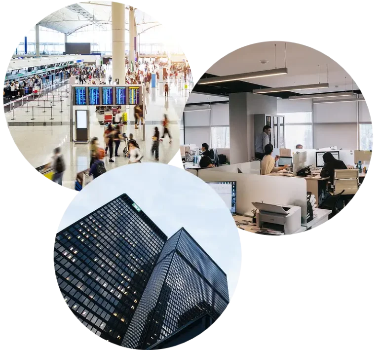 Three images showing buildings that use a Smart Building Optimisation System