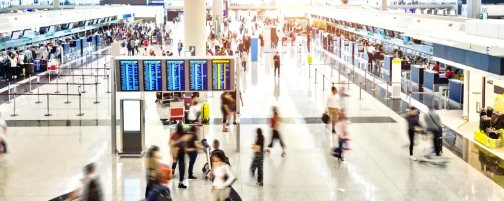 People inside a busy airport to show how diseases can be spread in indoor spaces and how Indoor air quality monitoring can help to minimise the spread.