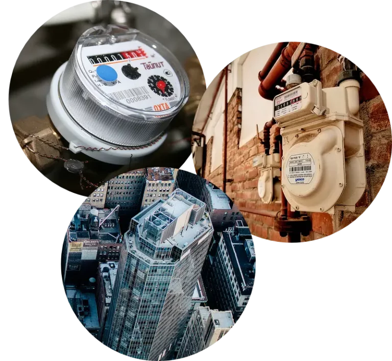 Water and gas meter, aerial image of a building representing the IoT property and facilities management solutions