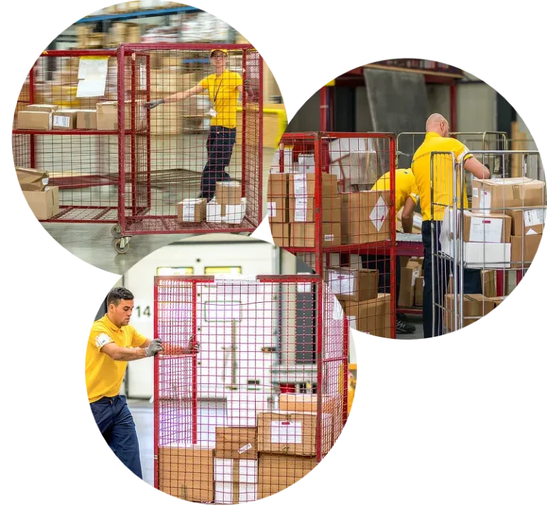 People working in post offices with cages that use parcel cage tracking solutions