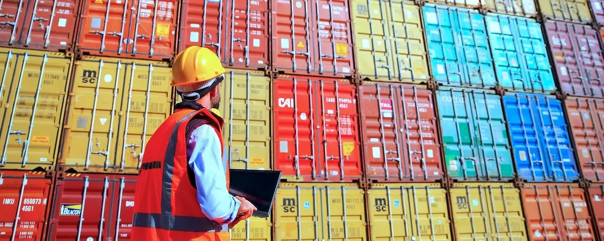 Person looking at shipping containers that use 0G technology instead of RFID tracking.