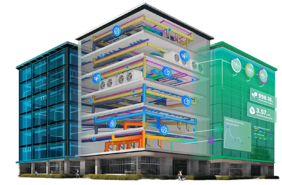 3D image of a building created with a building digital twin system