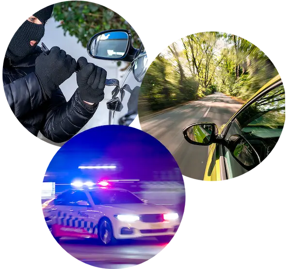 Three images showing a criminal, a stolen car and a police car recovering the vehicle thanks to a stolen vehicle recovery solution